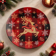 Christmas Decorative Charger Plate – Plaid Reindeer Gold decorative charger plate on a styled table.