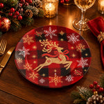 Christmas Decorative Charger Plate – Plaid Reindeer Gold decorative charger plate on a styled table.