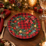 Christmas Decorative Charger Plate – Plaid Snowflake Field decorative charger plate on a styled table.