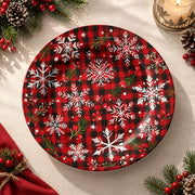 Christmas Decorative Charger Plate – Plaid Snowflake Red decorative charger plate on a styled table.