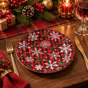 Christmas Decorative Charger Plate – Plaid Snowflake Red decorative charger plate on a styled table.