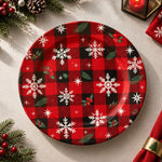 Christmas Decorative Charger Plate – Plaid Snowflake Trio decorative charger plate on a styled table.