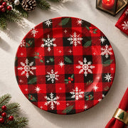 Christmas Decorative Charger Plate – Plaid Snowflake Trio decorative charger plate on a styled table.