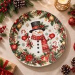 Christmas Decorative Charger Plate – Snowman Gifts decorative charger plate on a styled table.