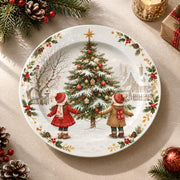 Christmas Decorative Charger Plate – Tree with Children decorative charger plate on a styled table.