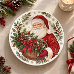 Christmas Decorative Charger Plate – Santa Greenery Basket decorative charger plate on a styled table.