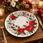 Christmas Decorative Charger Plate – Red Rose Border decorative charger plate on a styled table.