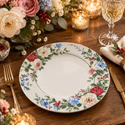 Christmas Decorative Charger Plate – Blue Pink Garden Border decorative charger plate on a styled table.
