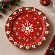 Christmas Decorative Charger Plate – Snowflake Tree Red decorative charger plate on a styled table.