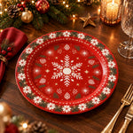 Christmas Decorative Charger Plate – Snowflake Tree Red decorative charger plate on a styled table.