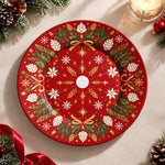 Christmas Decorative Charger Plate – Dotted Tree Red decorative charger plate on a styled table.