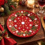 Christmas Decorative Charger Plate – Dotted Tree Red decorative charger plate on a styled table.