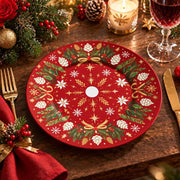 Christmas Decorative Charger Plate – Dotted Tree Red decorative charger plate on a styled table.