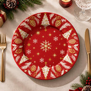 Christmas Decorative Charger Plate – Ornament Border Red decorative charger plate on a styled table.