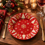 Christmas Decorative Charger Plate – Ornament Border Red decorative charger plate on a styled table.