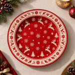 Christmas Decorative Charger Plate – Reindeer Geometric Border decorative charger plate on a styled table.