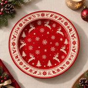 Christmas Decorative Charger Plate – Reindeer Geometric Border decorative charger plate on a styled table.