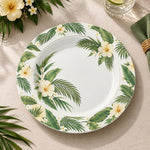 Daily Decorative Charger Plate – Blue Leaves White Bloom decorative charger plate on a styled table.