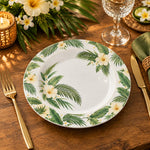 Daily Decorative Charger Plate – Blue Leaves White Bloom decorative charger plate on a styled table.