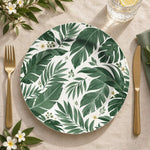 Daily Decorative Charger Plate – White Leaves Green decorative charger plate on a styled table.