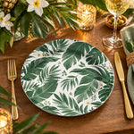 Daily Decorative Charger Plate – White Leaves Green decorative charger plate on a styled table.