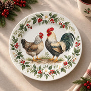 Daily Decorative Charger Plate – Rooster Pair Ring decorative charger plate on a styled table.