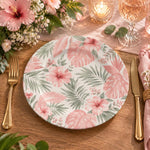 Daily Decorative Charger Plate – Pink Palm Leaves Allover decorative charger plate on a styled table.