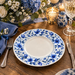 Daily Decorative Charger Plate – Blue Floral Ring Border decorative charger plate on a styled table.