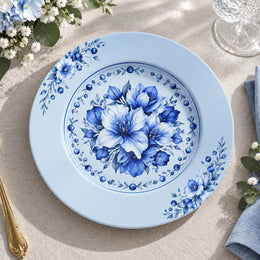 Daily Decorative Charger Plate – Powder Blue Floral Medallion decorative charger plate on a styled table.