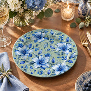 Daily Decorative Charger Plate – Sage Allover Blue Floral decorative charger plate on a styled table.