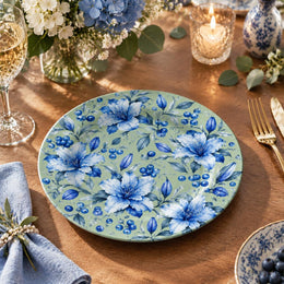 Daily Decorative Charger Plate – Sage Allover Blue Floral decorative charger plate on a styled table.