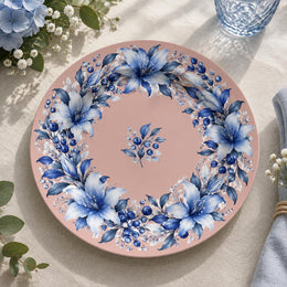 Daily Decorative Charger Plate – Blush Pink Blue Wreath decorative charger plate on a styled table.