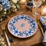 Daily Decorative Charger Plate – Blush Pink Blue Wreath decorative charger plate on a styled table.