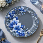 Daily Decorative Charger Plate – Slate Blue Beaded Floral decorative charger plate on a styled table.