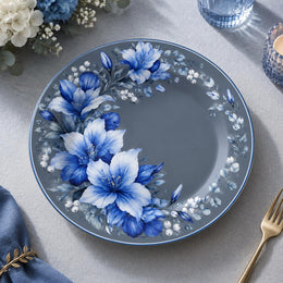 Daily Decorative Charger Plate – Slate Blue Beaded Floral decorative charger plate on a styled table.