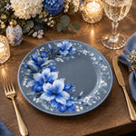 Daily Decorative Charger Plate – Slate Blue Beaded Floral decorative charger plate on a styled table.