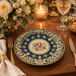 Navy blue charger plate with gold trim featuring a rose medallion and fleur-de-lis scroll border