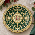 Emerald green charger plate with gold trim featuring acanthus scrollwork around a rose medallion