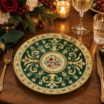 Emerald green charger plate with gold trim featuring acanthus scrollwork around a rose medallion
