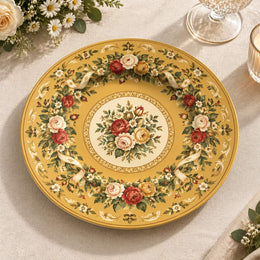 Golden yellow charger plate with gold trim featuring a floral wreath border around a rose medallion