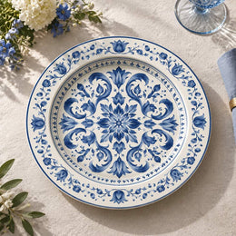 White charger plate featuring a cobalt blue damask medallion with dotted bands and acanthus border