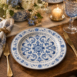 White charger plate featuring a cobalt blue damask medallion with dotted bands and acanthus border