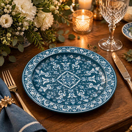 Teal blue charger plate featuring a white acanthus medallion and dense scrollwork border