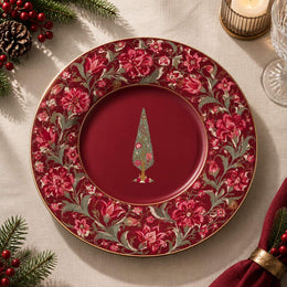 Crimson charger plate with gold trim featuring a vintage tree in a cream medallion ringed by roses