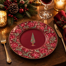 Crimson charger plate with gold trim featuring a vintage tree in a cream medallion ringed by roses