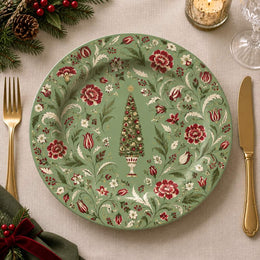 Sage green charger plate with gold trim featuring a vintage tree among roses, tulips and leaves