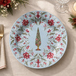 Powder blue charger plate with gold trim featuring a vintage tree in a ring of roses and scrolls