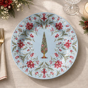Powder blue charger plate with gold trim featuring a vintage tree in a ring of roses and scrolls