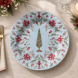 Powder blue charger plate with gold trim featuring a vintage tree in a ring of roses and scrolls