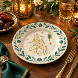 White charger plate with gold trim featuring Arabic calligraphy inside a green leaf border and lantern